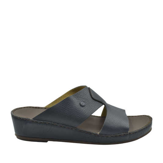Black luxury slip-on footwear with cushioned sole and wide leather straps for comfort