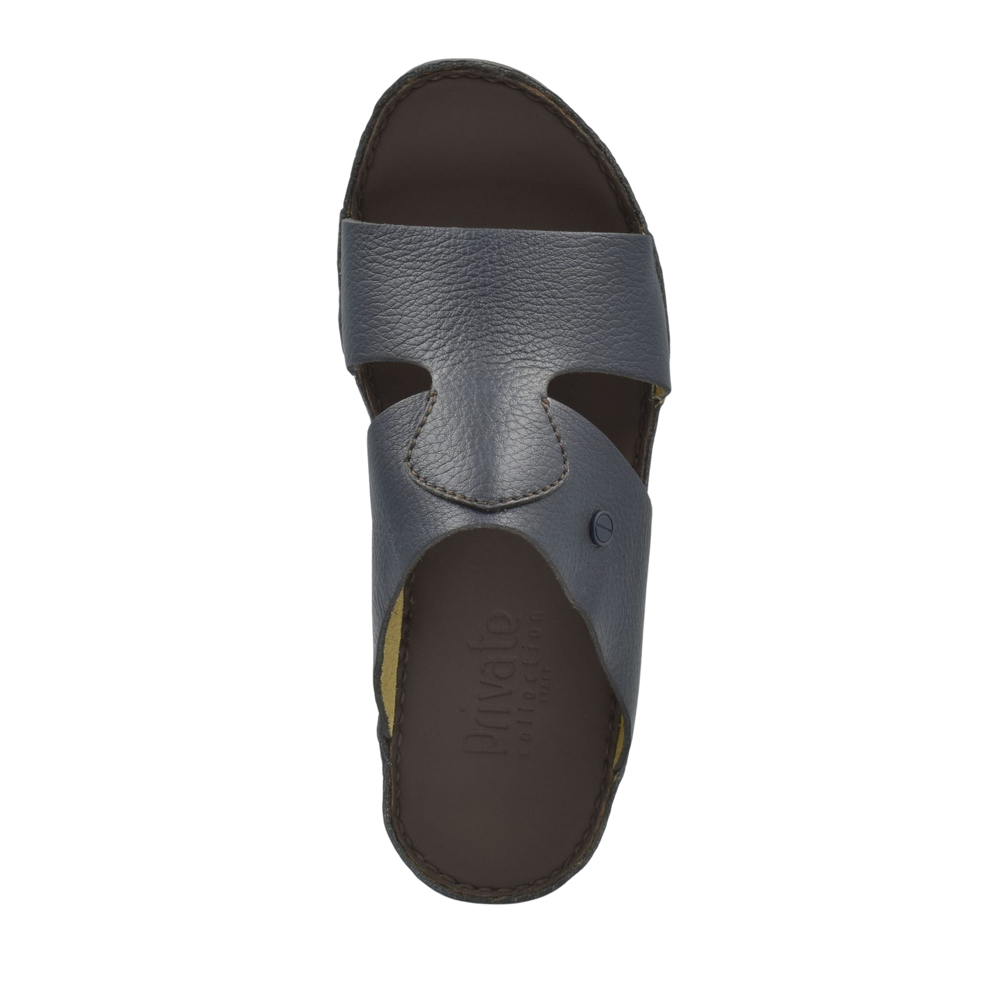 Top view of gray luxury slip-on footwear with open toe and textured leather upper