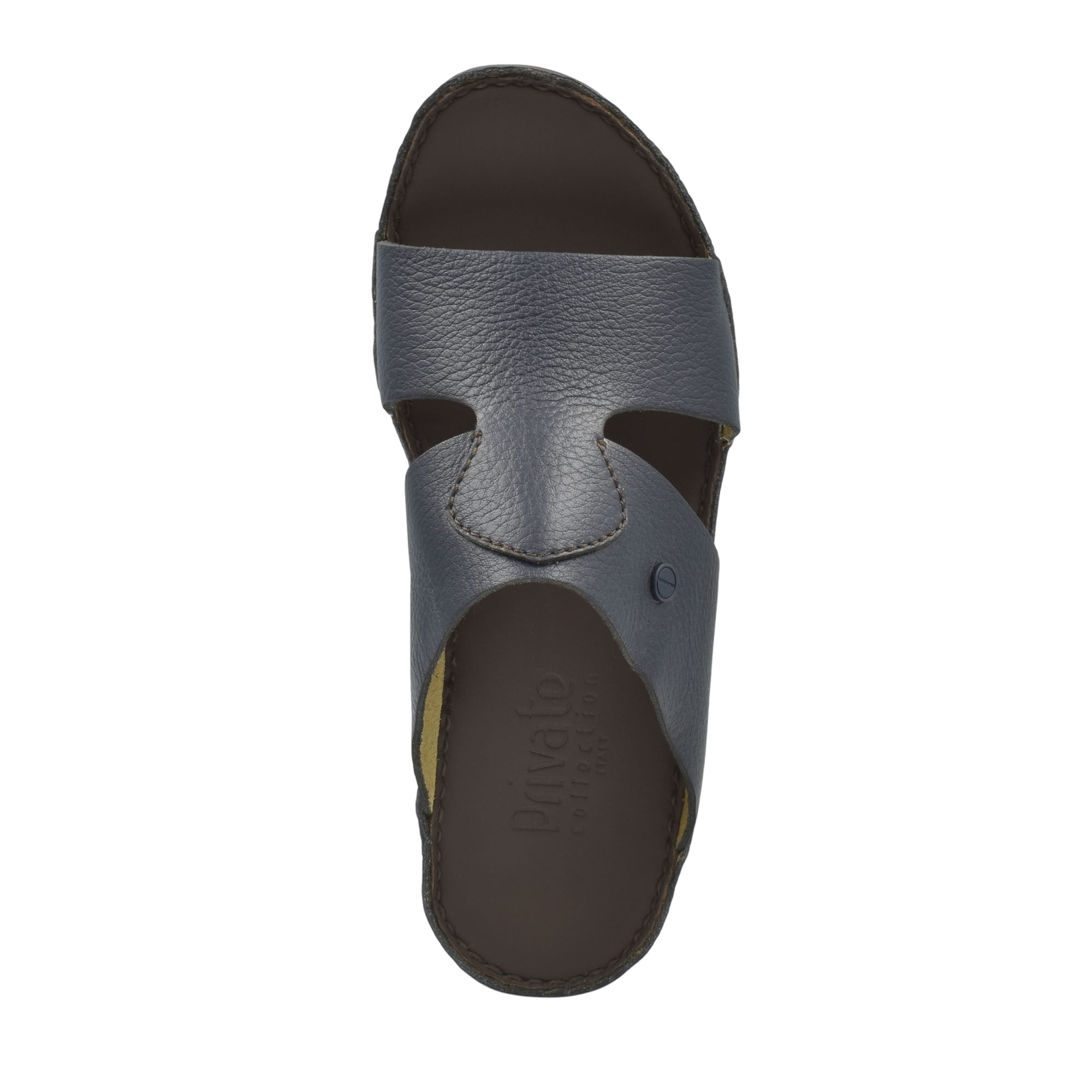 Top view of gray luxury slip-on footwear with open toe and textured leather upper