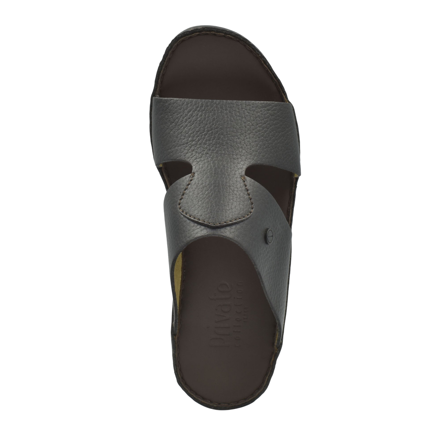 Top view of brown leather luxury slip-on footwear with a textured finish and open toe design