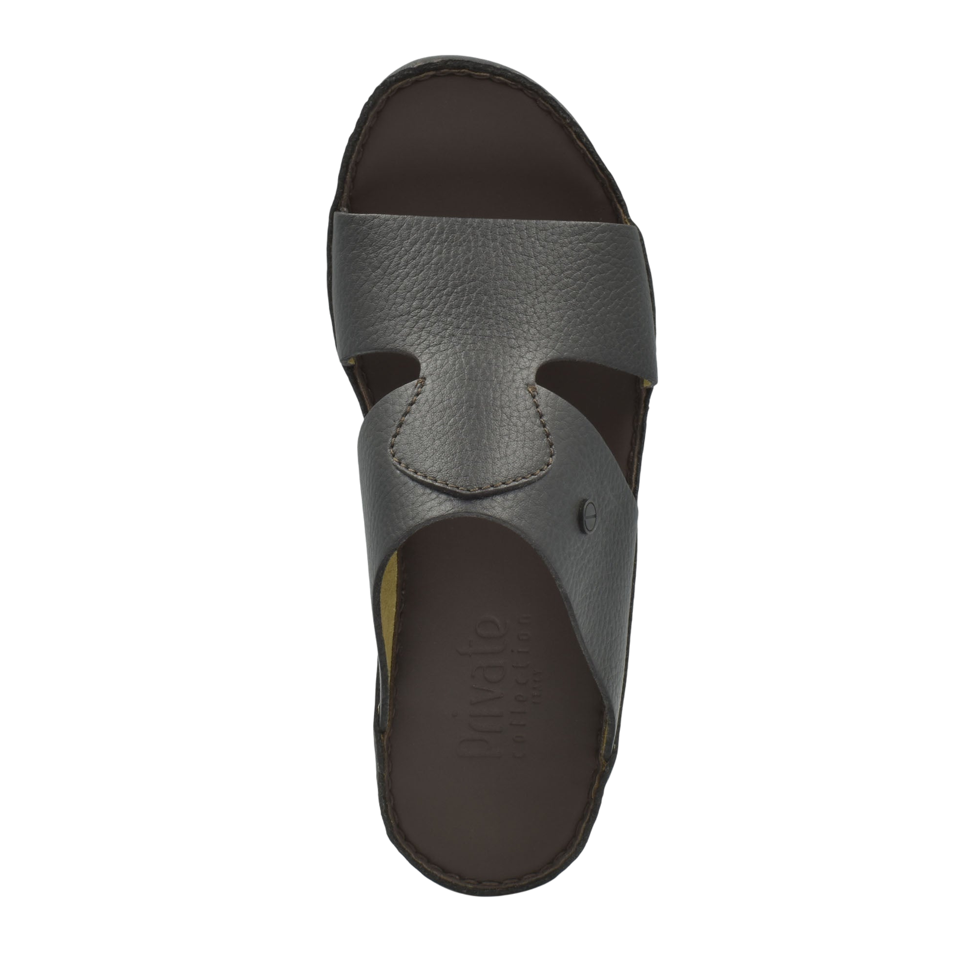 Top view of brown leather luxury slip-on footwear with a textured finish and open toe design