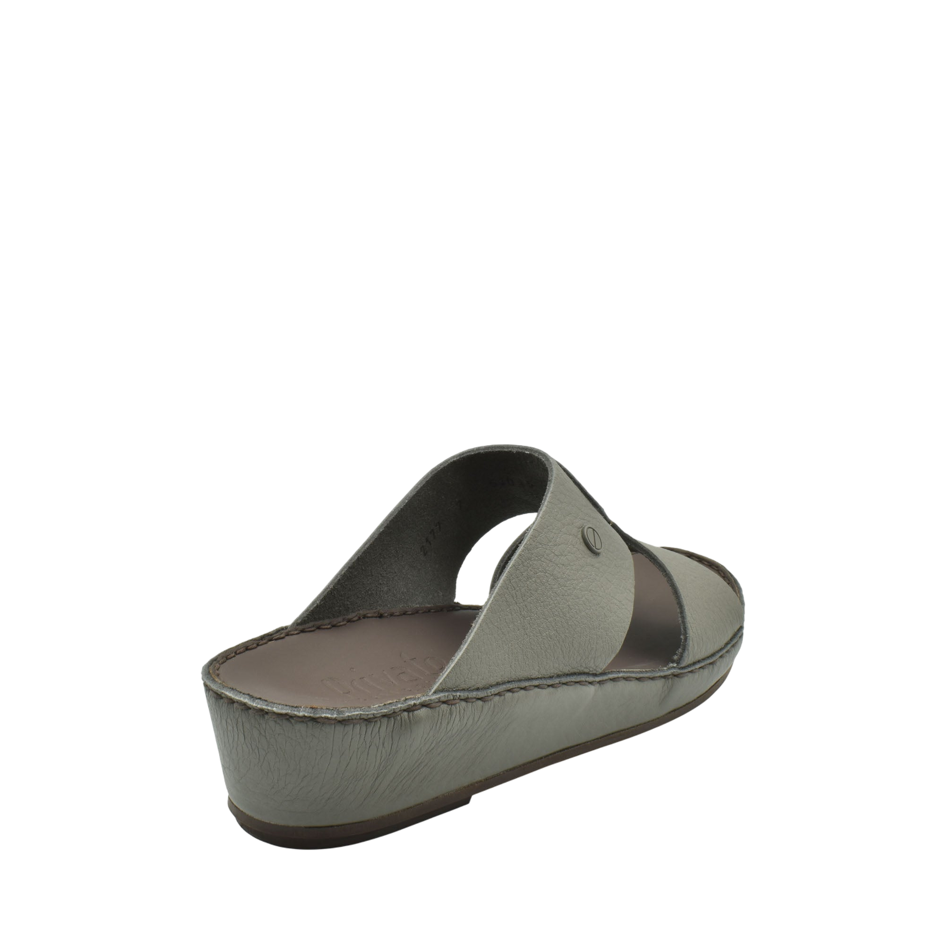Private collection luxury slip-on footwear in muted gray with open toe and cushioned sole
