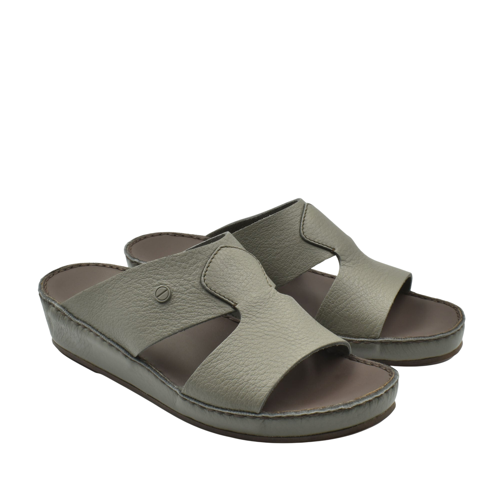 Private collection luxury slip-on footwear in gray leather with open toe and cushioned sole