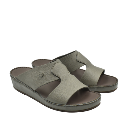 Private collection luxury slip-on footwear in gray leather with open toe and cushioned sole
