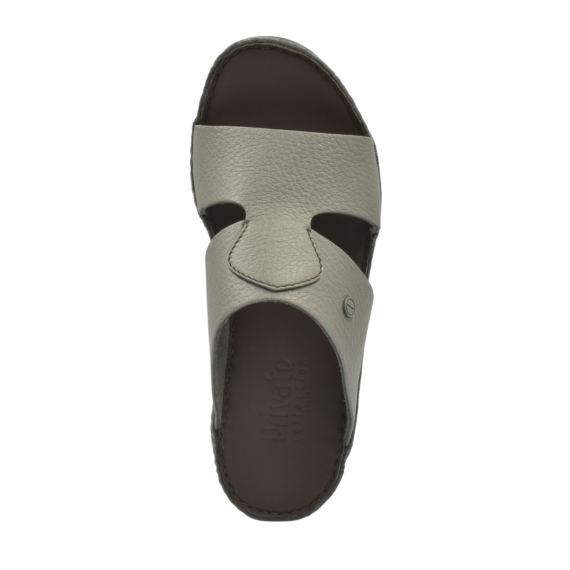 Gray leather luxury slip-on footwear with open toe and cushioned dark brown insole
