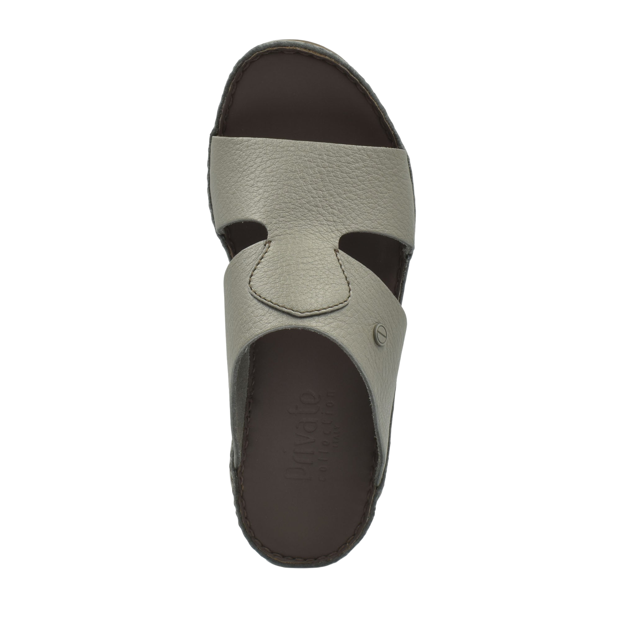 Gray leather luxury slip-on footwear with open toe and cushioned dark brown insole