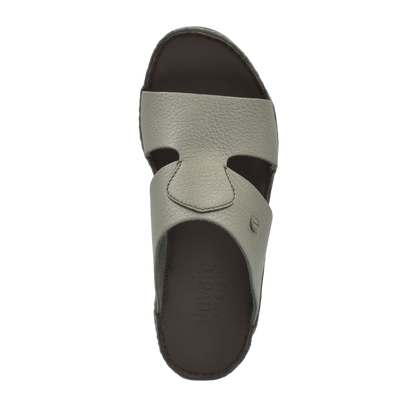 Gray leather luxury slip-on footwear with open toe and cushioned dark brown insole