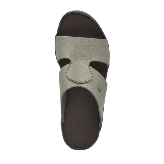 Gray leather luxury slip-on footwear with open toe and cushioned dark brown insole