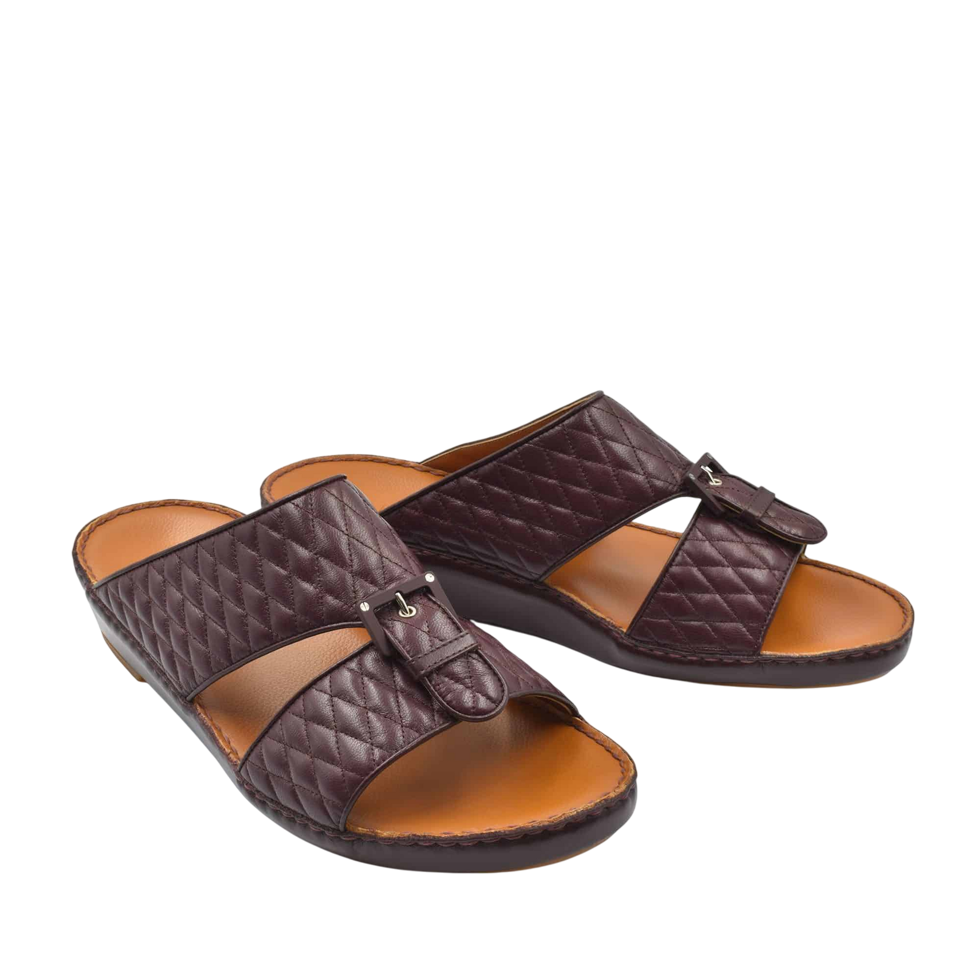 Brown quilted luxury slip-on footwear with open toe and buckle detail from private collection