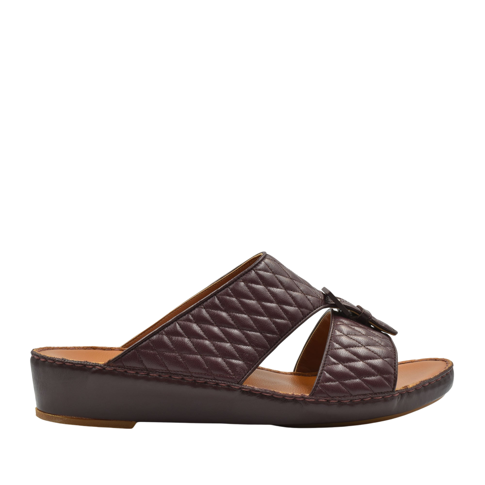 Brown quilted luxury slip-on footwear with cushioned leather sole and open toe design