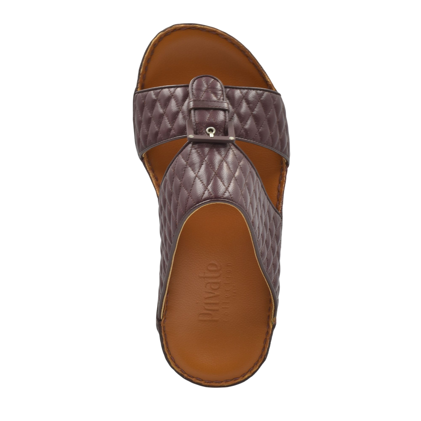Top view of brown quilted leather luxury slip-on footwear with buckle detail and cushioned sole