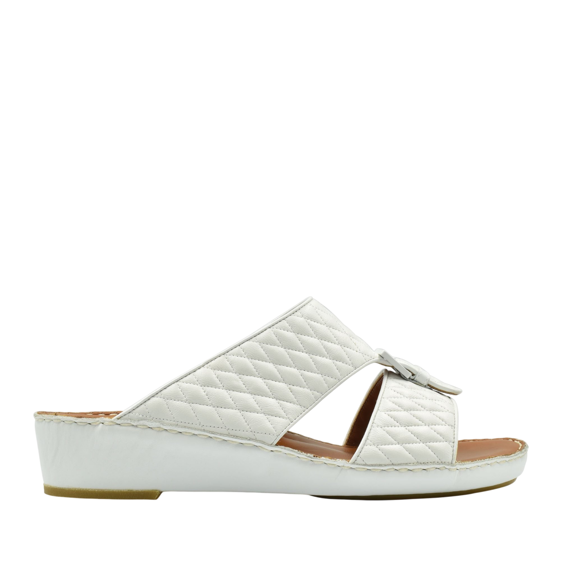 White quilted luxury slip-on footwear with cushioned sole and open toe design