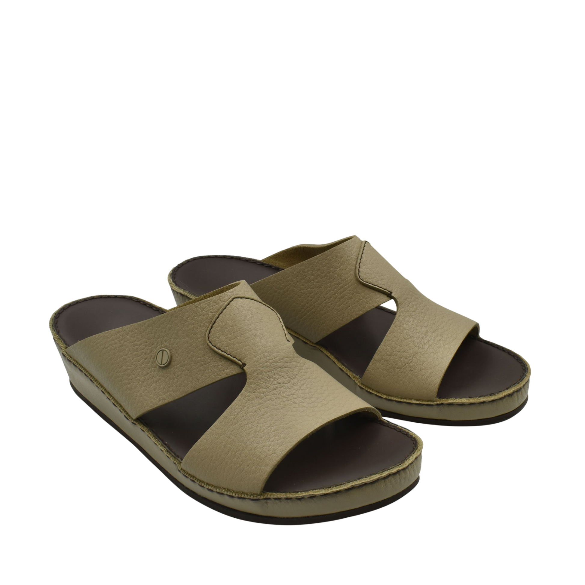 Taupe luxury slip-on footwear with open toe and cushioned sole from private collection