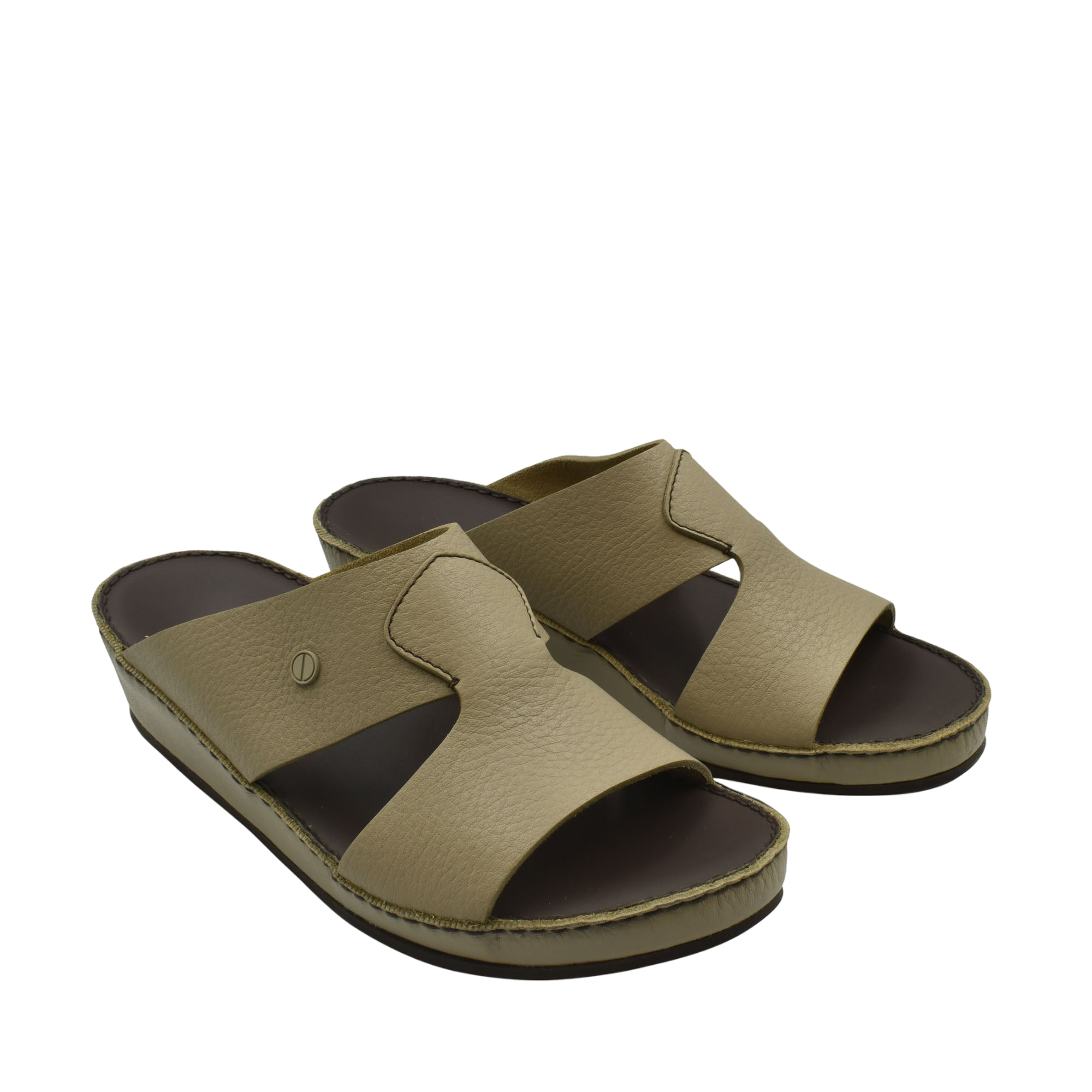 Taupe luxury slip-on footwear with open toe and cushioned sole from private collection