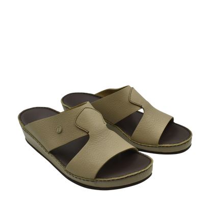 Taupe luxury slip-on footwear with open toe and cushioned sole from private collection