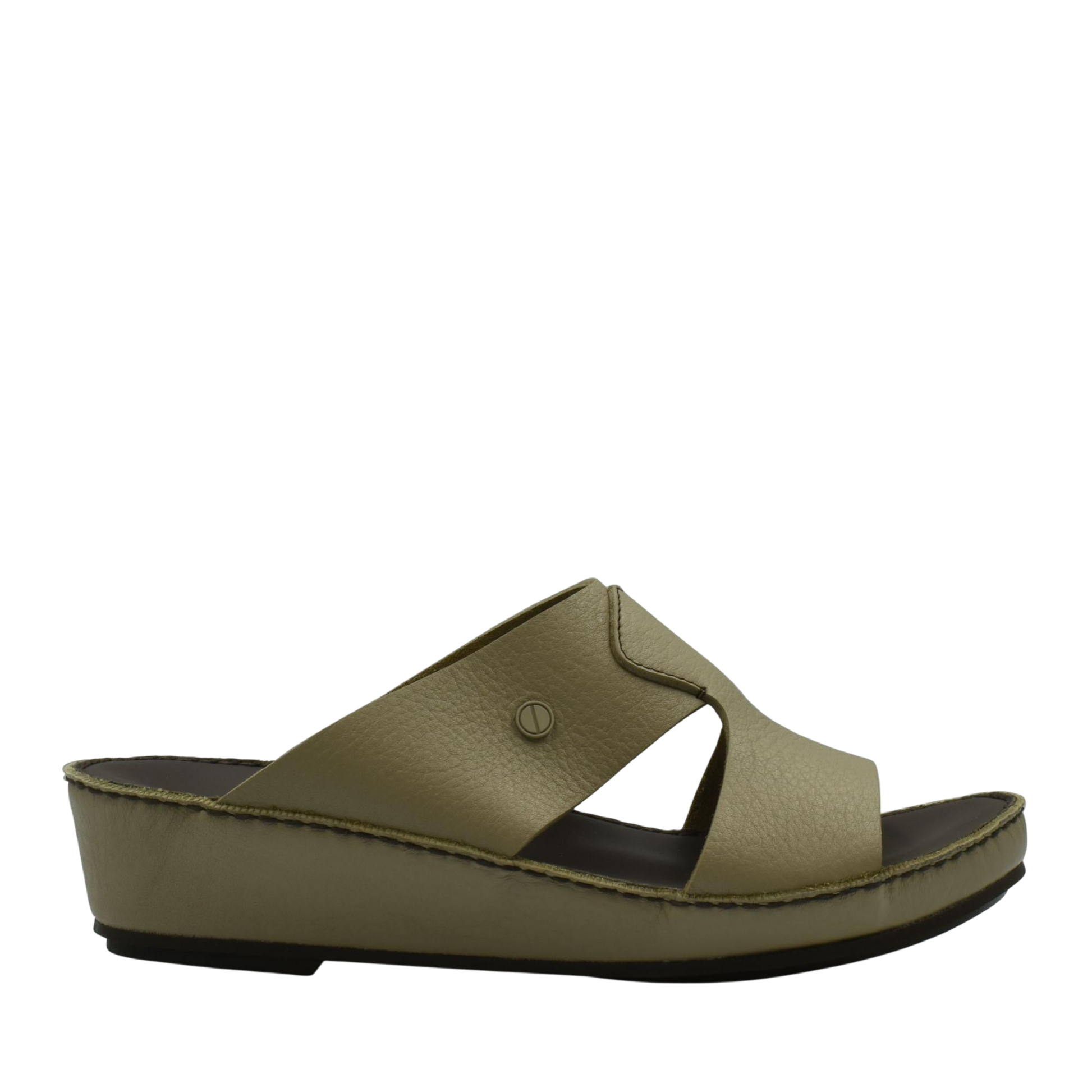 Taupe luxury slip-on footwear with cushioned sole and open toe design from Private Collection