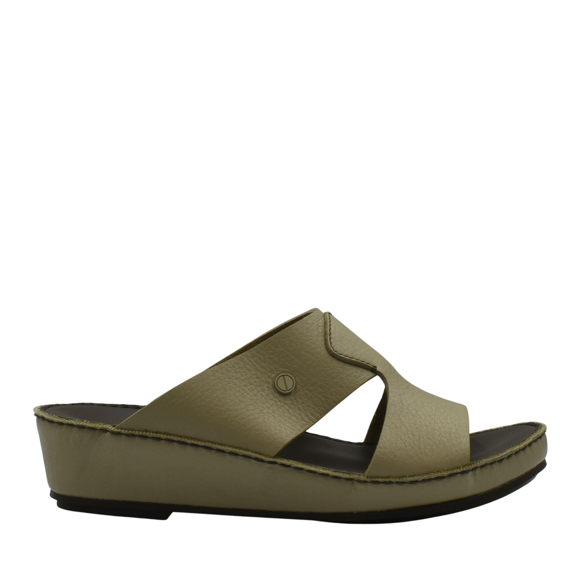 Taupe luxury slip-on footwear with cushioned sole and open toe design from Private Collection
