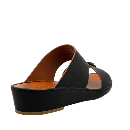 Manetta Rubbercalf sandals black open-toe slip-on with cushioned brown insole and low wedge heel