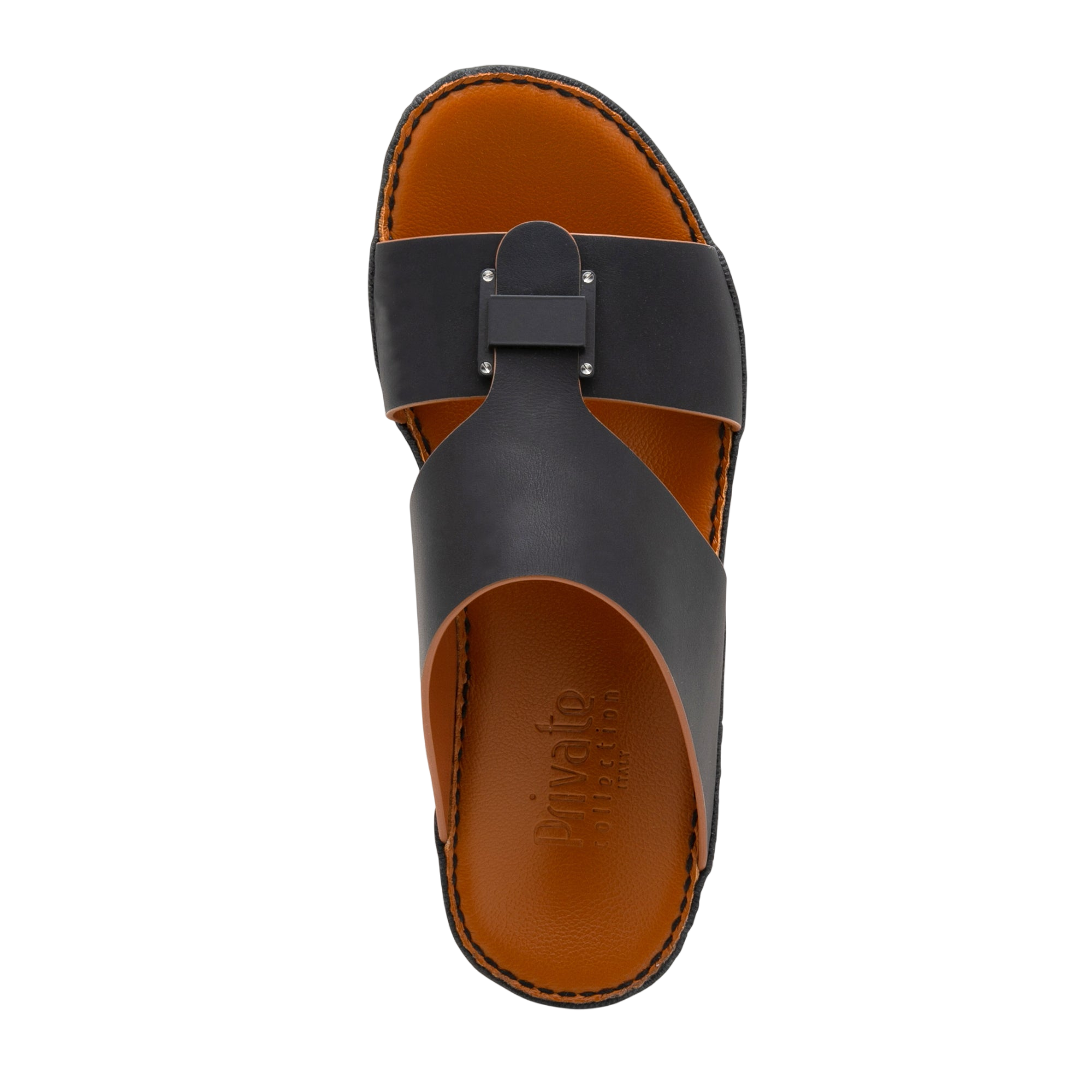Top view of black and brown Manetta Rubbercalf sandals with leather straps and cushioned footbed