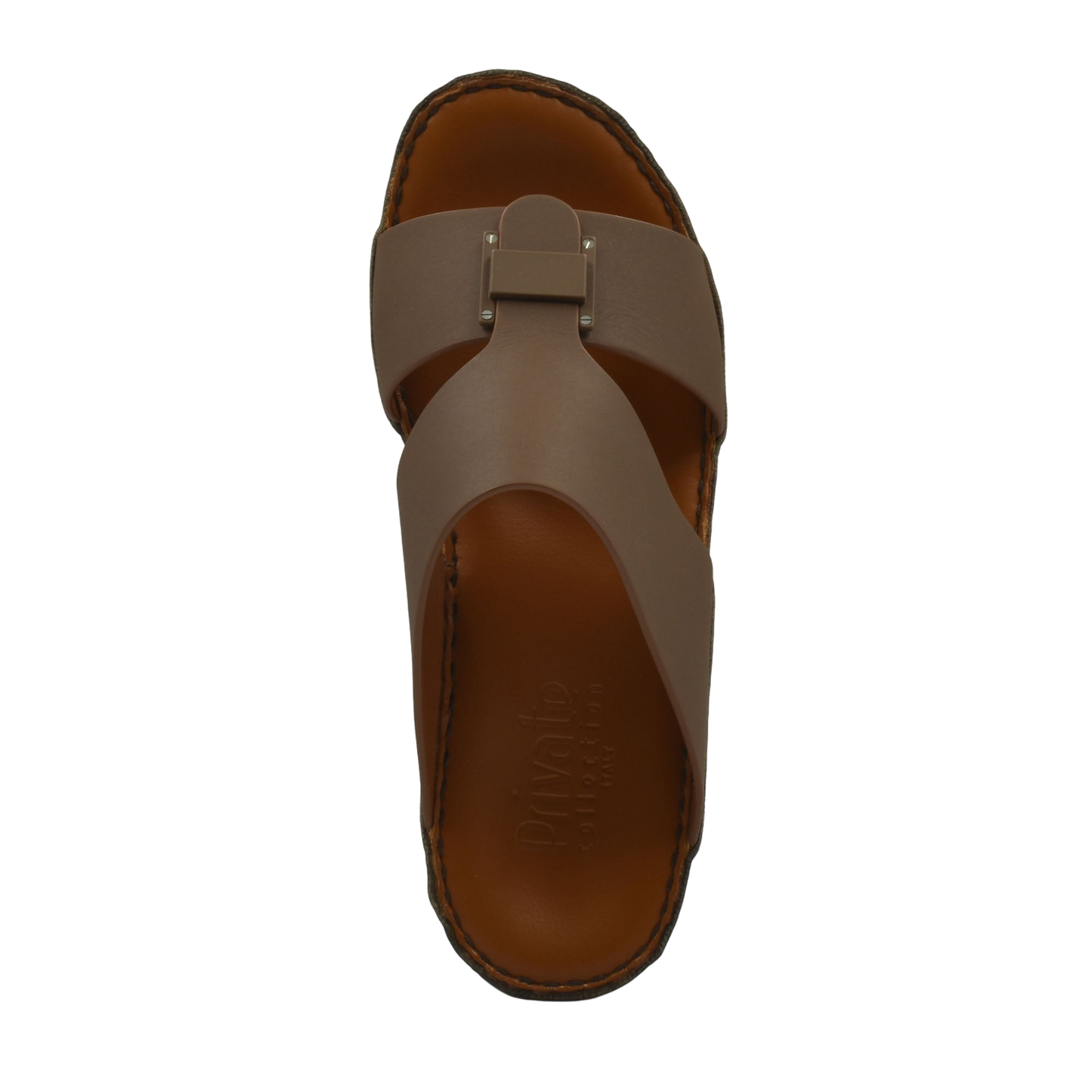 Top view of brown Manetta Rubbercalf sandals with wide straps and stitched sole from Private collection