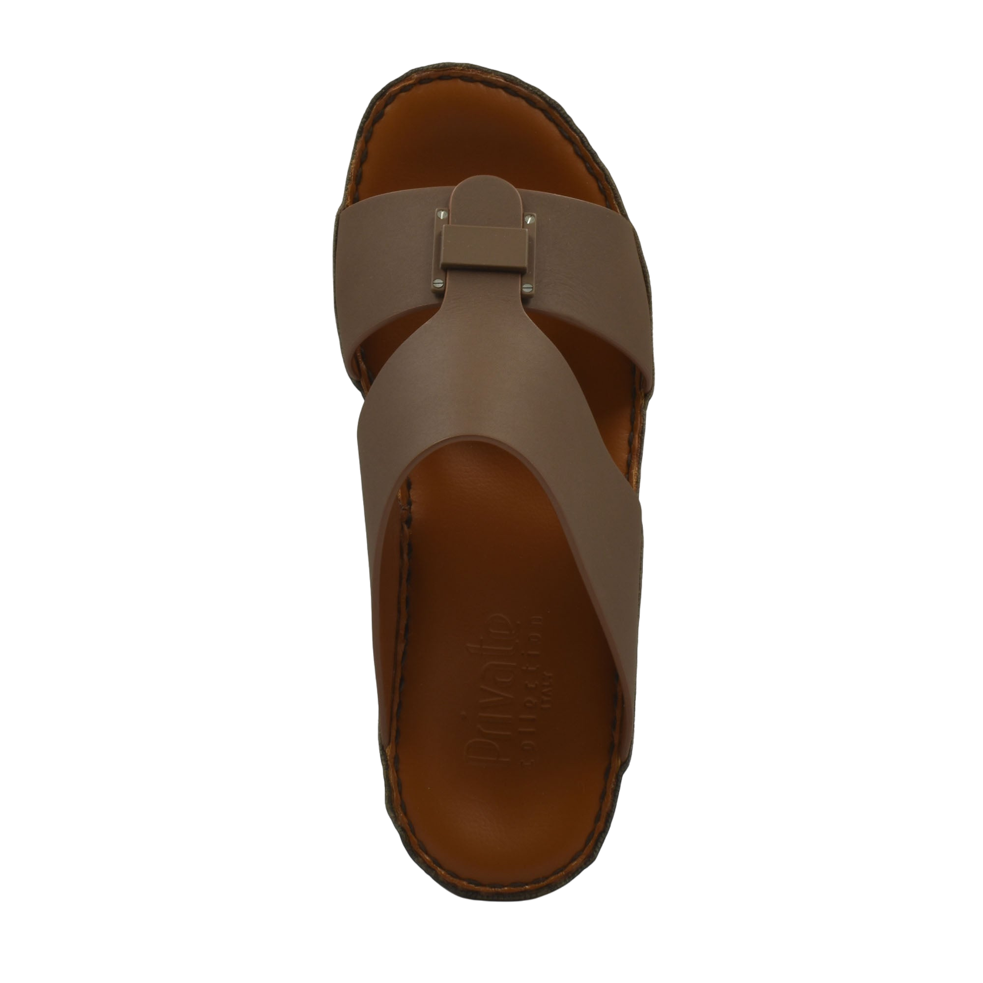 Top view of brown Manetta Rubbercalf sandals with wide straps and stitched sole from Private collection
