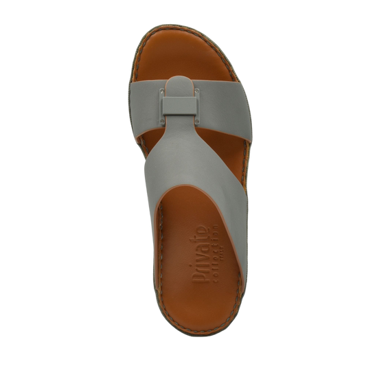 Manetta Rubbercalf sandals gray slip-on with brown footbed and stitched sole from Private collection