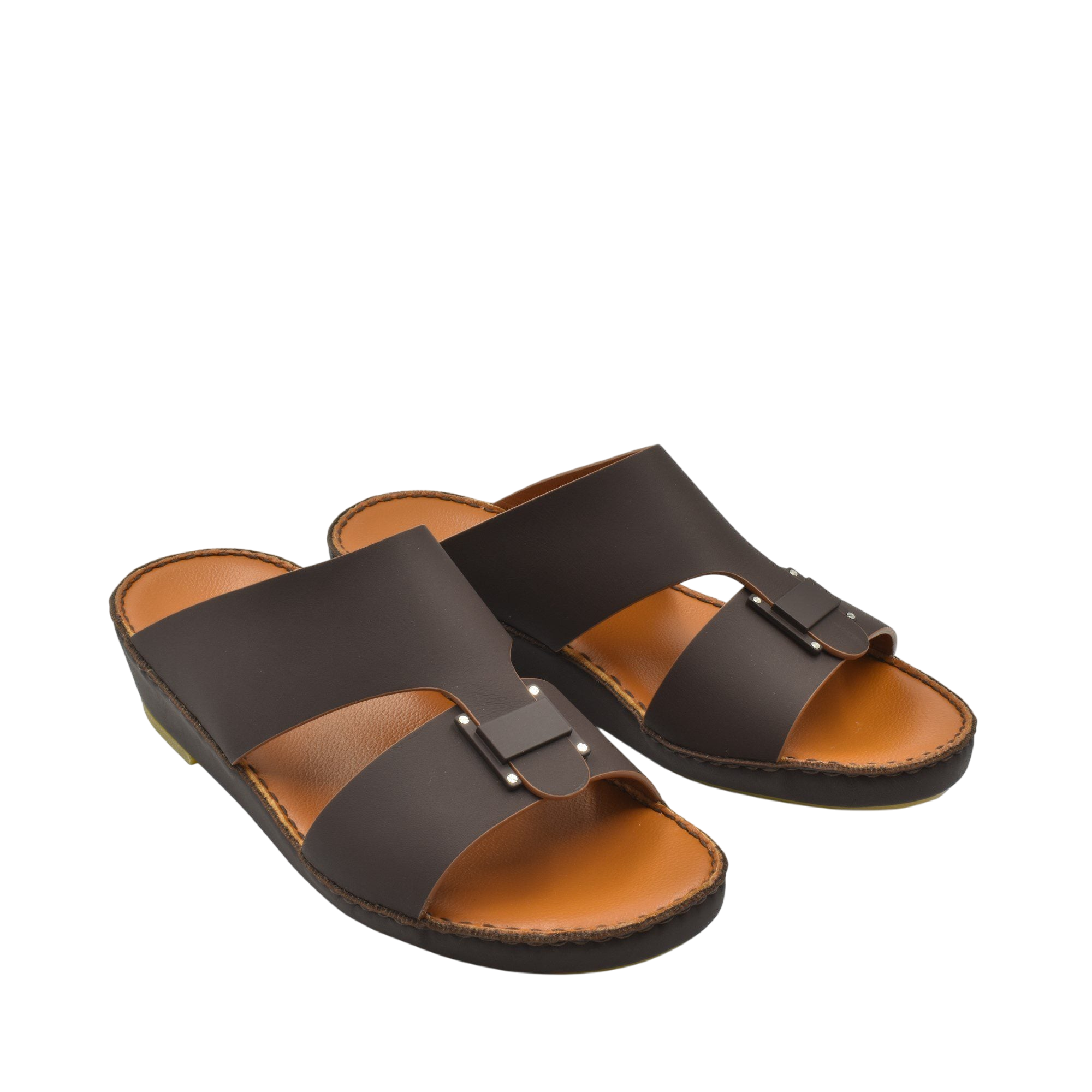Pair of black Manetta Rubbercalf sandals with cushioned brown footbed and open toe design