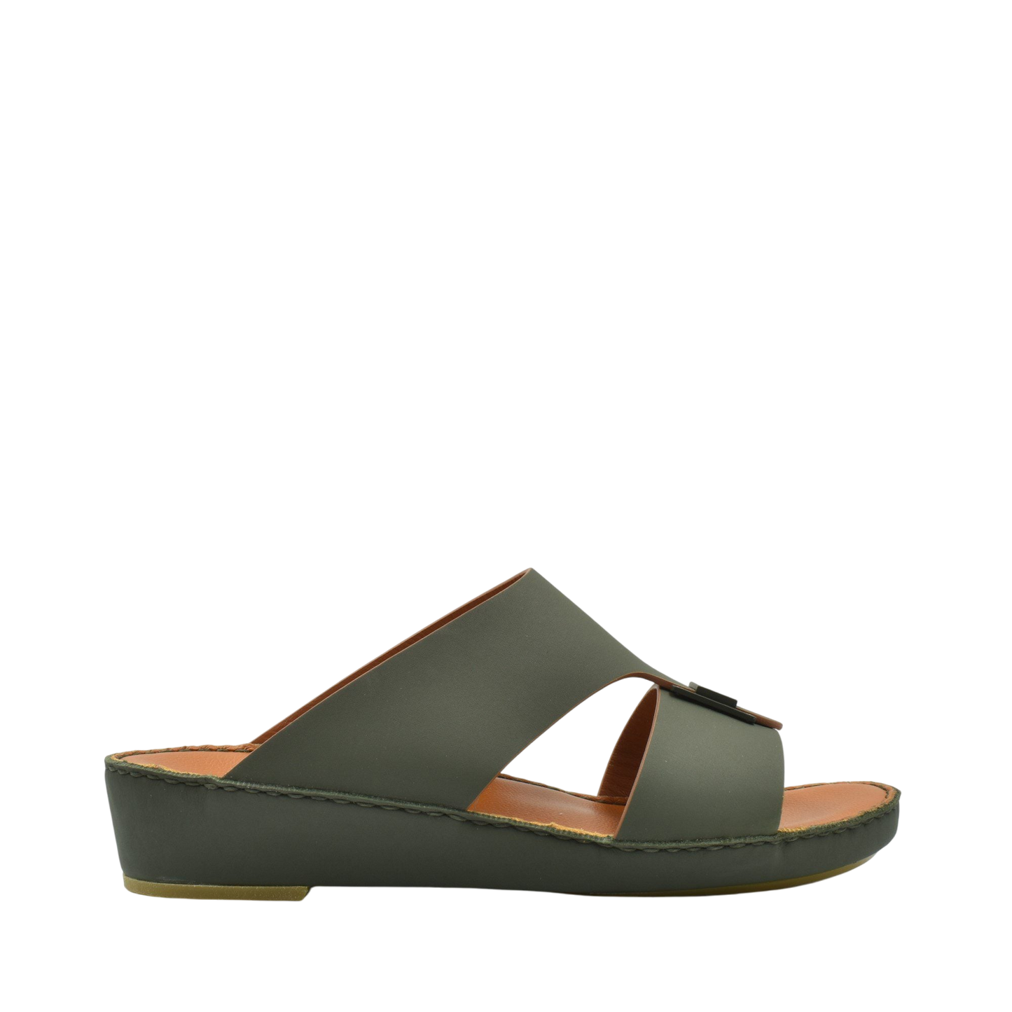 Side view of green Manetta Rubbercalf sandals with open toe and cushioned sole