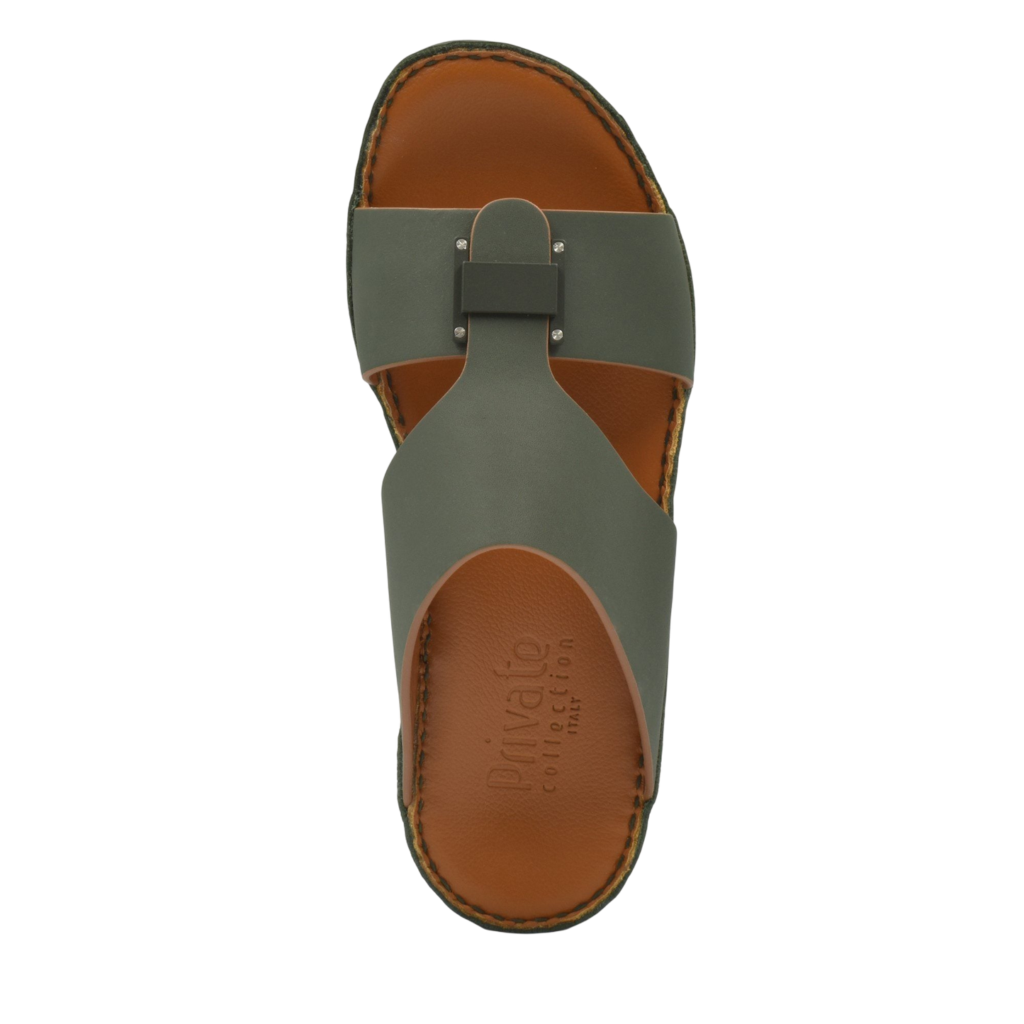 Top view of Manetta Rubbercalf sandals in olive green with brown leather footbed from Private Collection