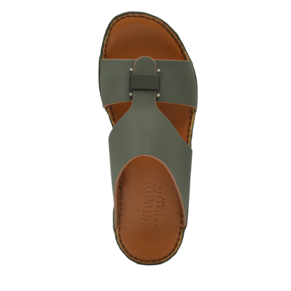 Top view of Manetta Rubbercalf sandals in olive green with brown leather footbed from Private Collection
