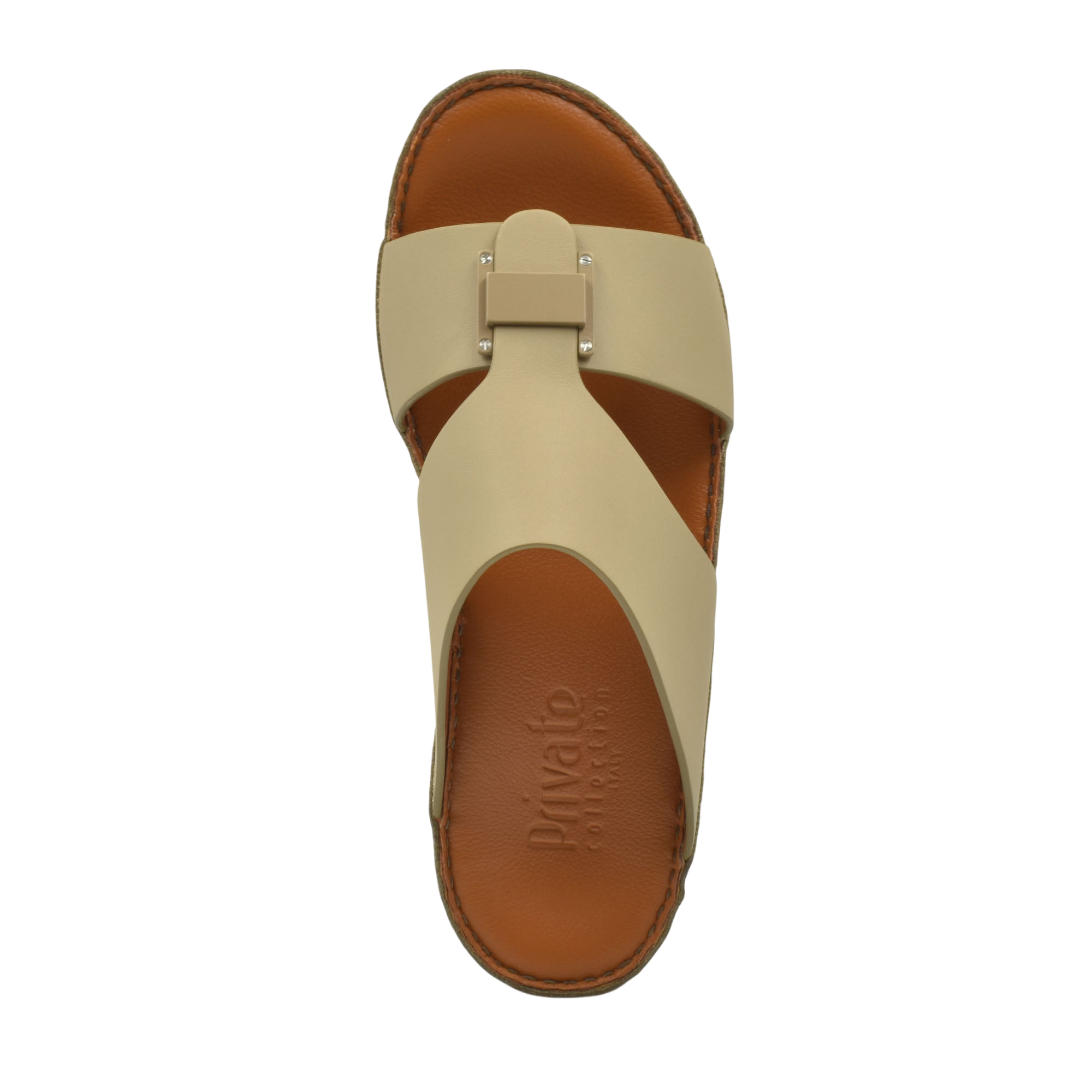 Top view of beige Manetta Rubbercalf sandals with brown leather footbed from Private collection