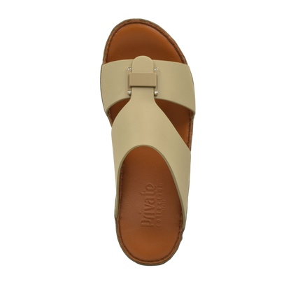 Top view of beige Manetta Rubbercalf sandals with brown leather footbed from Private collection