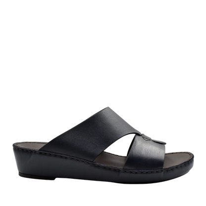 Black Nappa leather sandals with a low wedge heel and wide crossover straps for comfortable wear