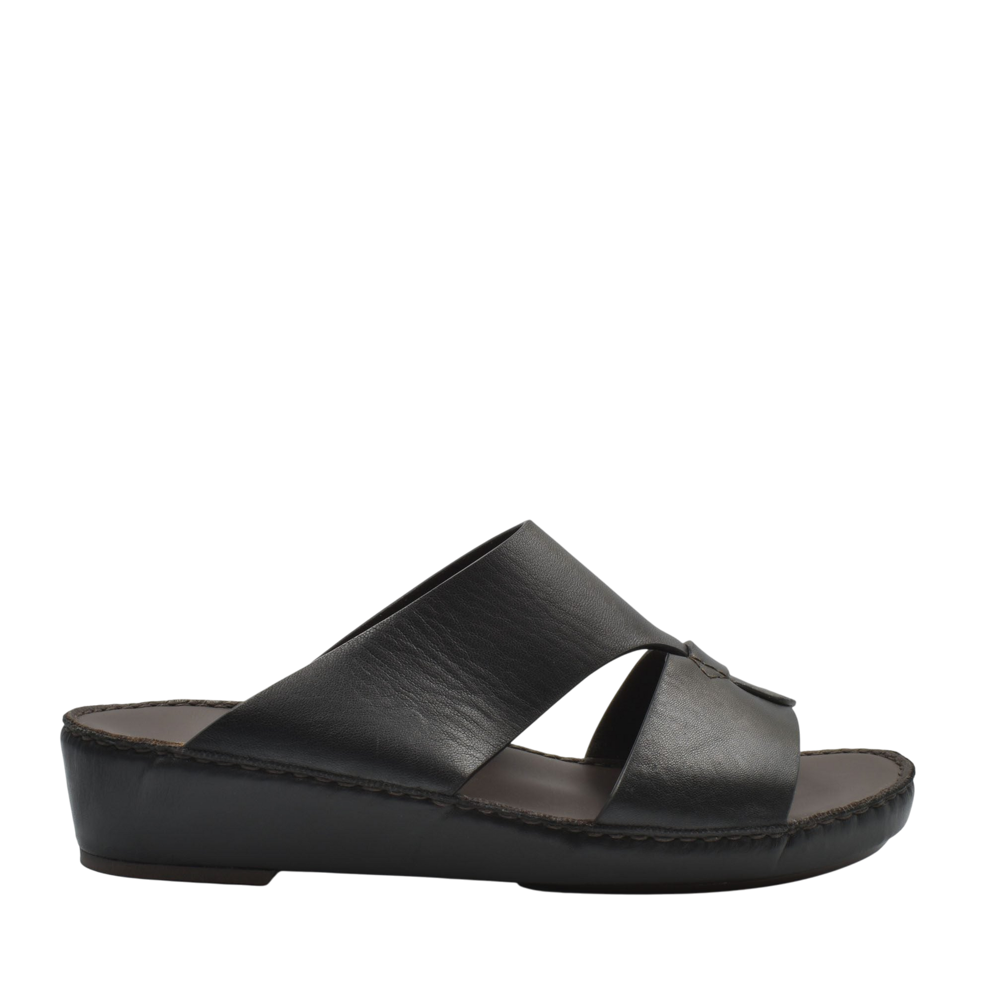 Black Nappa leather sandals with wide cross straps and cushioned sole for comfort