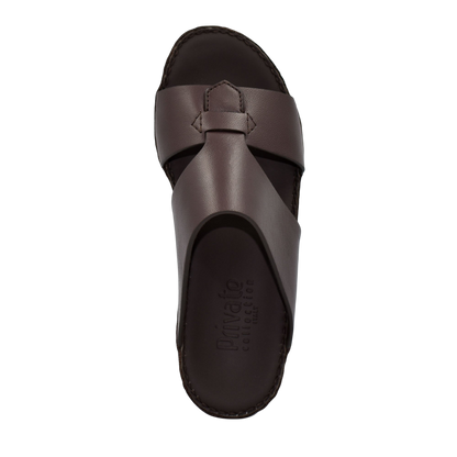 Top view of brown Nappa leather sandals with wide straps and cushioned footbed from Private collection