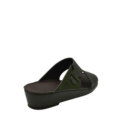 Green nappa suede slide sandals with adjustable buckle and cushioned sole for comfort