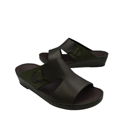 Pair of black and olive nappa suede slide sandals with open toe and comfortable cushioned sole