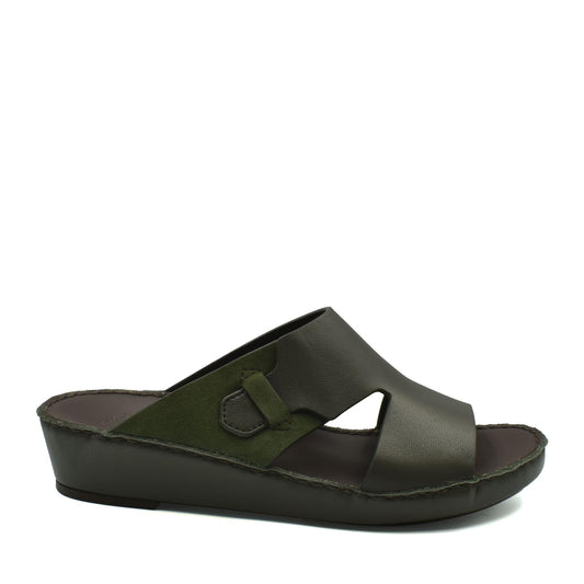 Private collection nappa suede slide sandals in dark green with wedge sole and open toe design