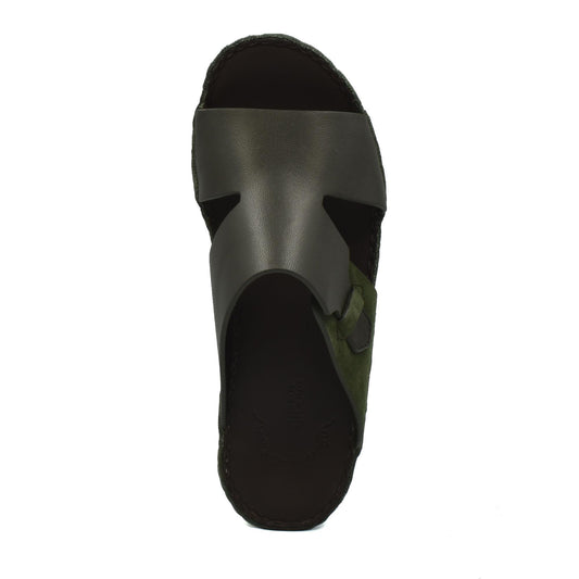 Men's nappa suede slide sandals in black and olive green with adjustable buckle strap