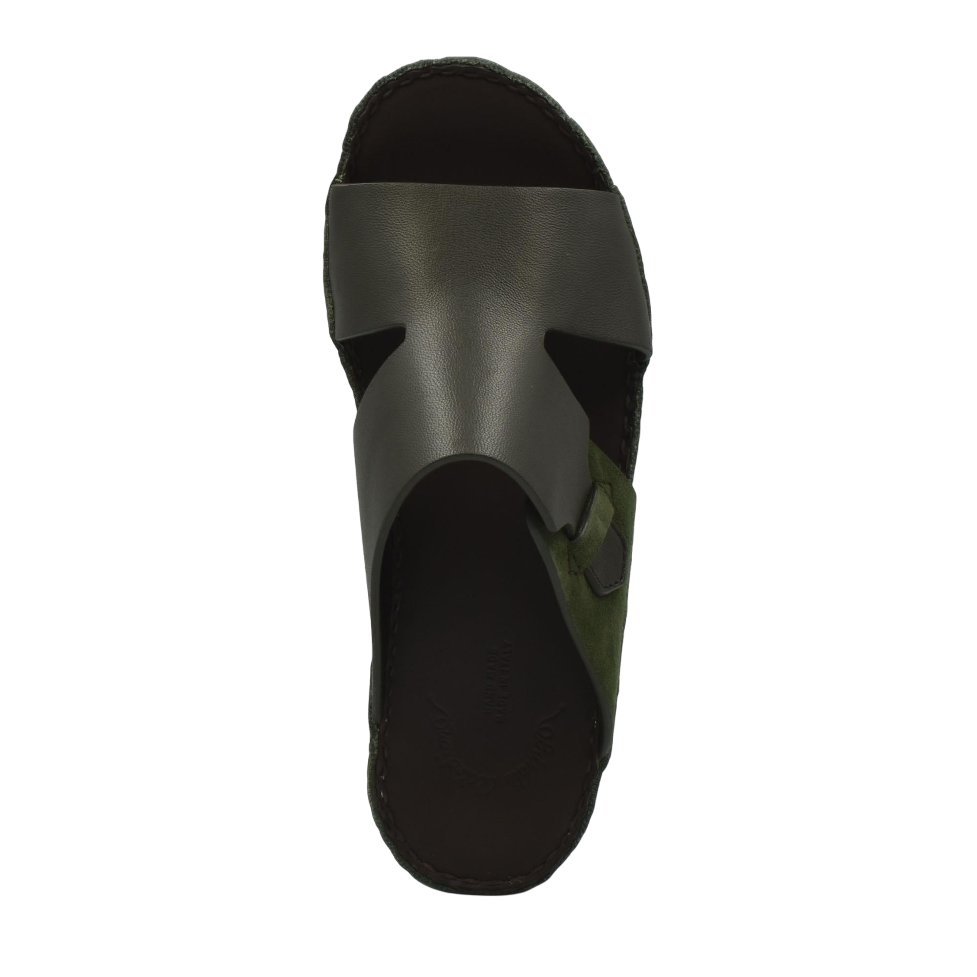 Men's nappa suede slide sandals in black and olive green with adjustable buckle strap