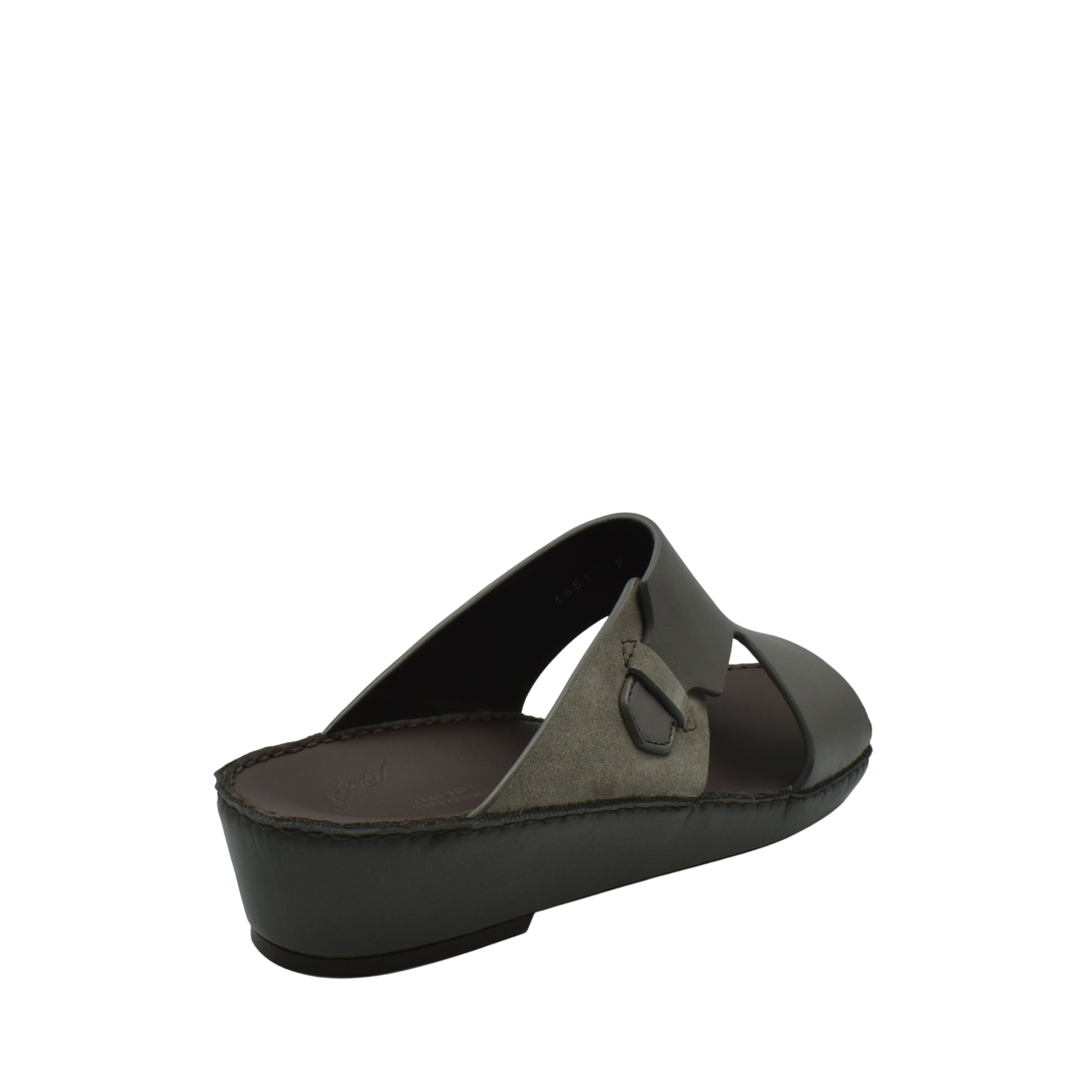 Black and gray nappa suede slide sandals with adjustable buckle and cushioned sole