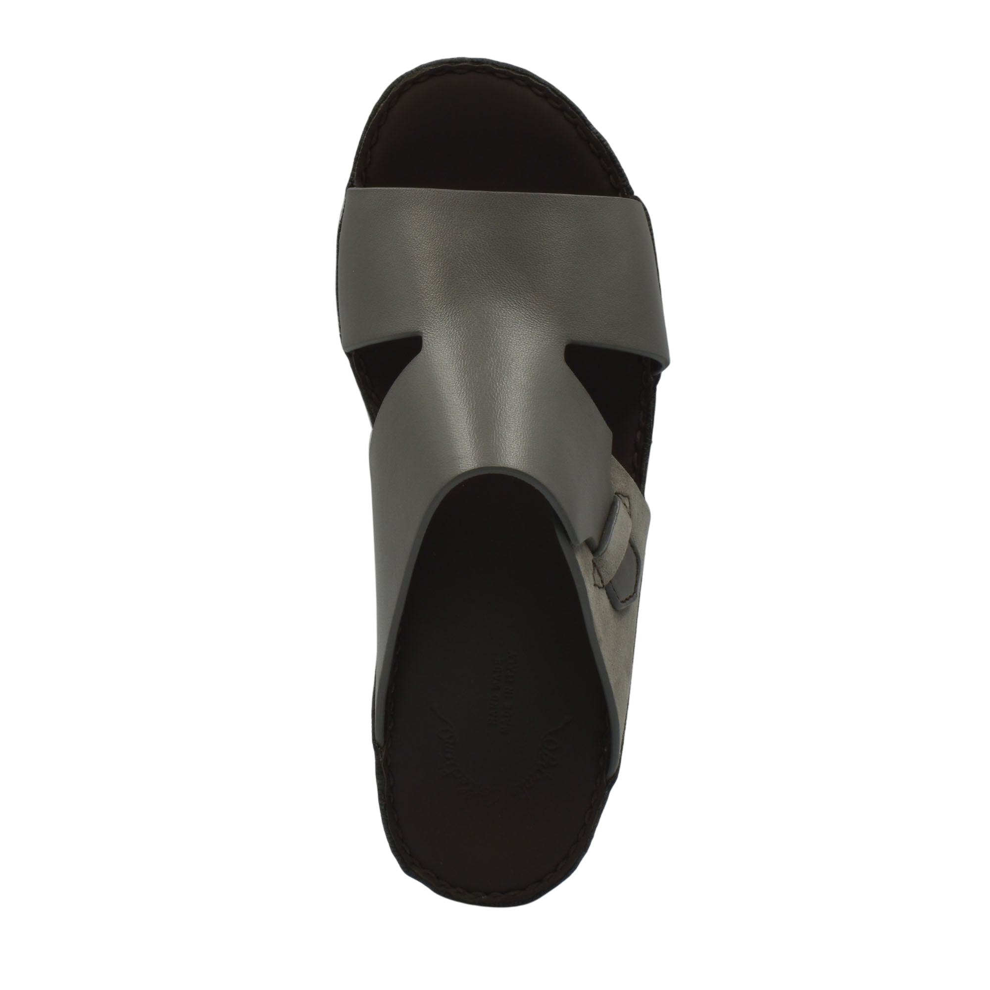 Top view of gray nappa suede slide sandals with adjustable side buckle and black sole