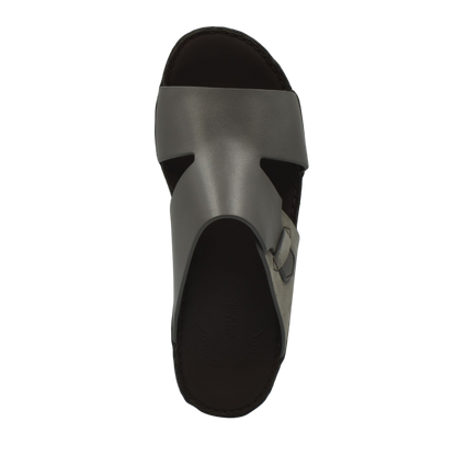 Top view of gray nappa suede slide sandals with adjustable side buckle and black sole