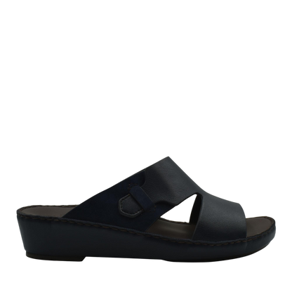 Black nappa suede slide sandals with open toe and comfortable wedge sole