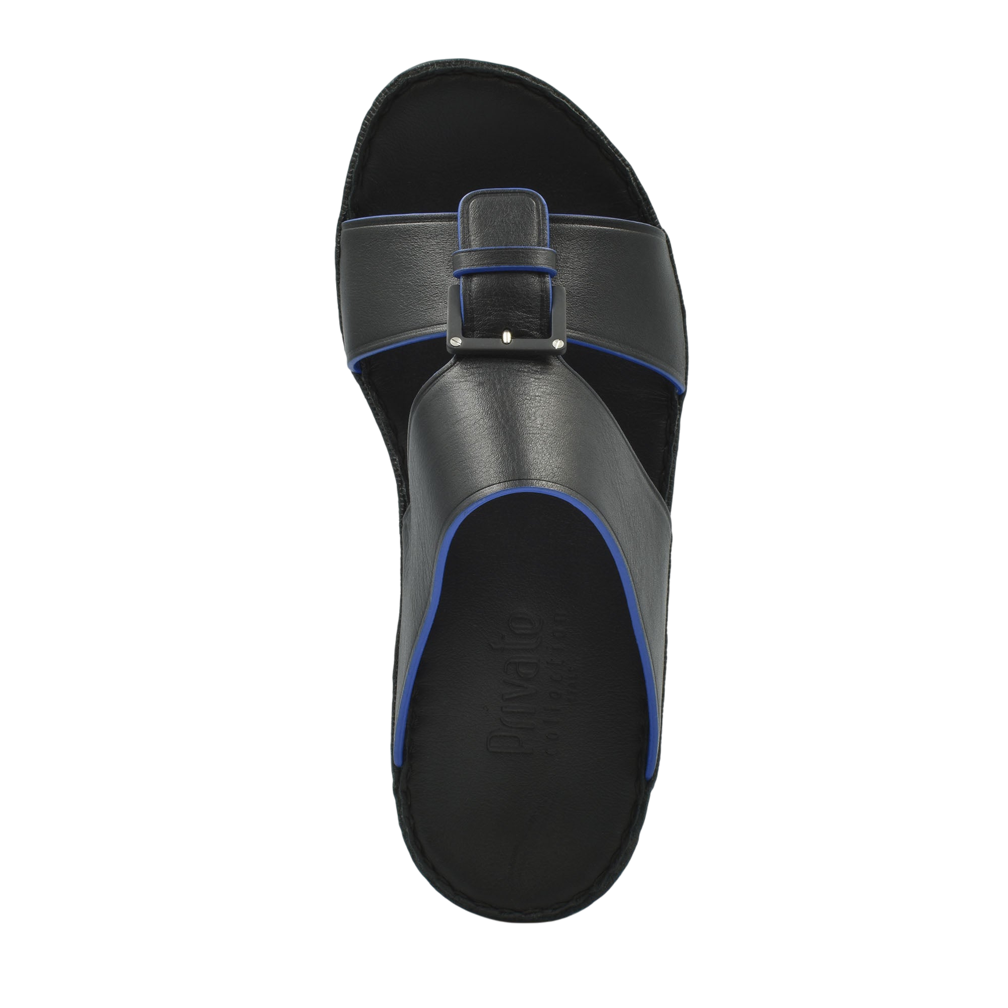 Black natural contrast sandals with blue edging and adjustable buckle strap from Private Collection