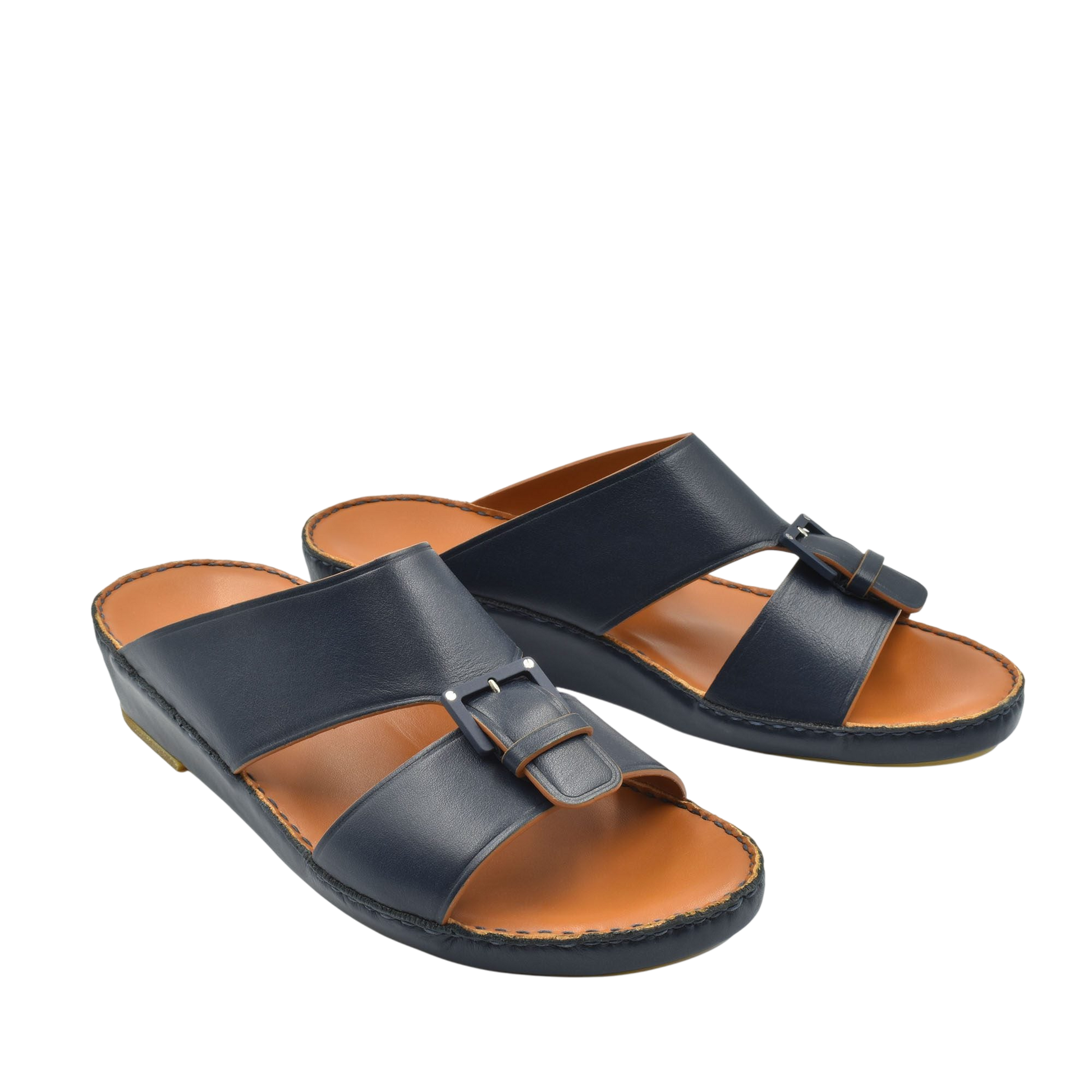 Black and tan natural contrast sandals with buckle detail and comfortable sole from private collection