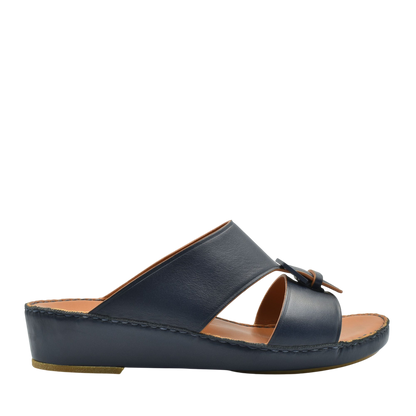Black leather natural contrast sandals with a low wedge heel and open toe design