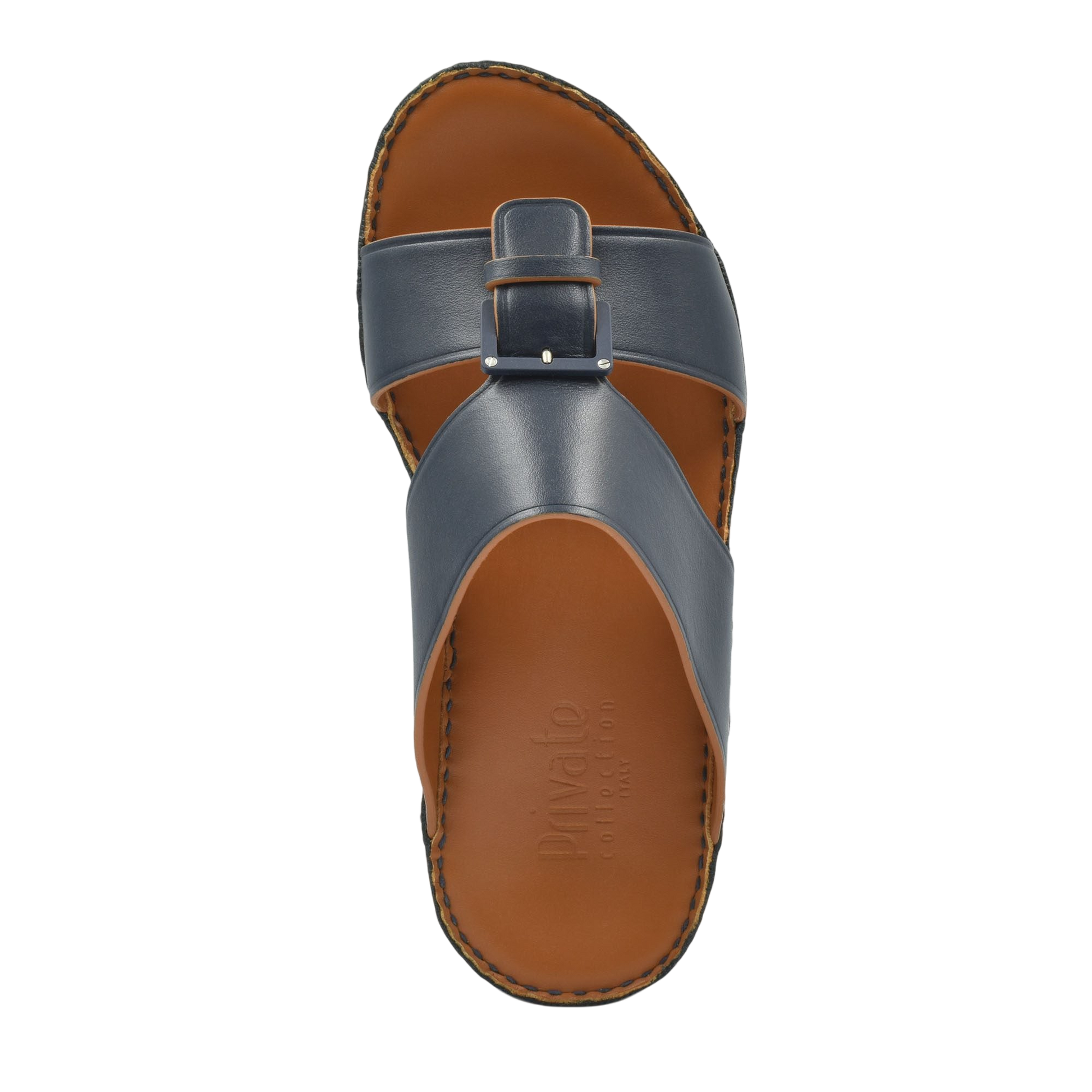 Top view of brown and black leather natural contrast sandals with buckle strap