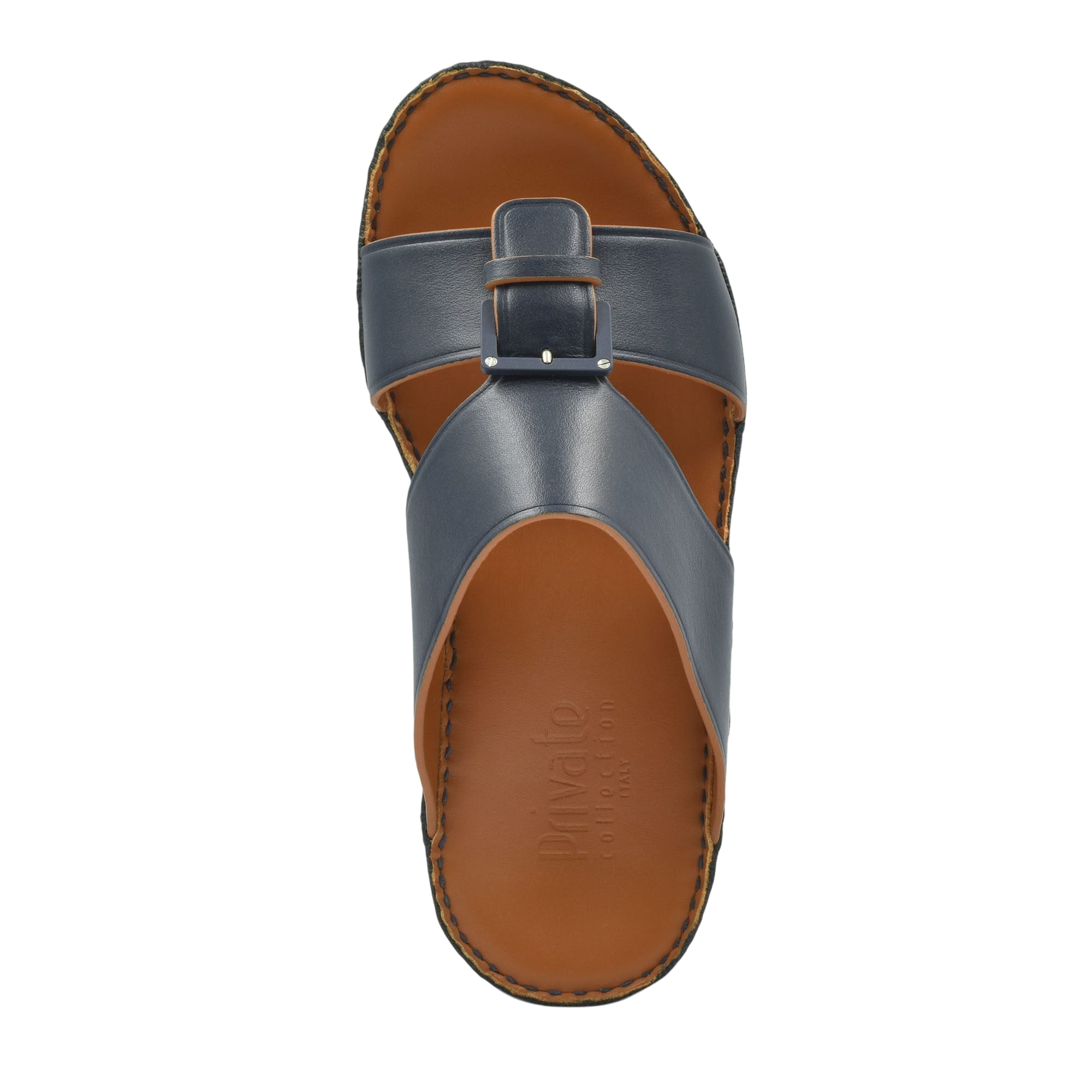 Top view of brown and black leather natural contrast sandals with buckle strap