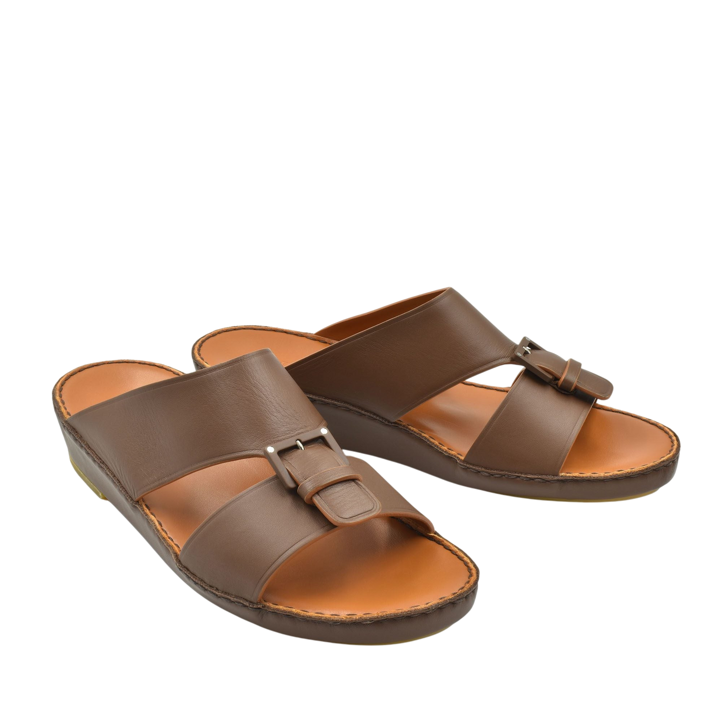 Brown leather natural contrast sandals with adjustable buckle straps and cushioned footbed